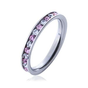 Oceľový prsteň s kamienkami ružovej a čírej farby - Veľkosť: 58 mm