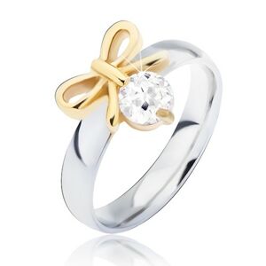 Oceľový prsteň s mašličkou zlatej farby a čírym zirkónom - Veľkosť: 54 mm