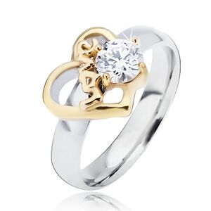 Oceľový prsteň s obrysom srdca zlatej farby a čírym zirkónom, Love - Veľkosť: 59 mm