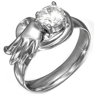 Oceľový prsteň s okrúhlym čírym zirkónom, anjelské krídlo - Veľkosť: 52 mm