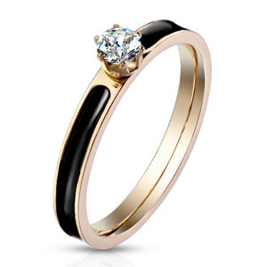 Oceľový prsteň s pásom s čiernou glazúrou - okrúhly ligotavý zirkón čírej farby, 3 mm - Veľkosť: 49 mm