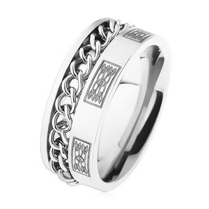 Oceľový prsteň s retiazkou, strieborná farba, ornamenty - Veľkosť: 57 mm