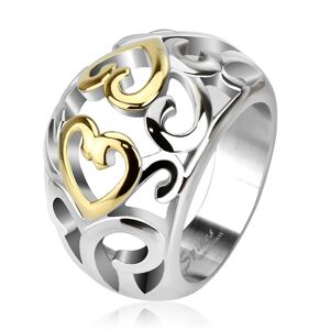 Oceľový prsteň s vyrezávaným ornamentom, zlato-strieborná farba - Veľkosť: 56 mm