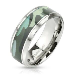 Oceľový prsteň so zeleným armádnym motívom - Veľkosť: 54 mm
