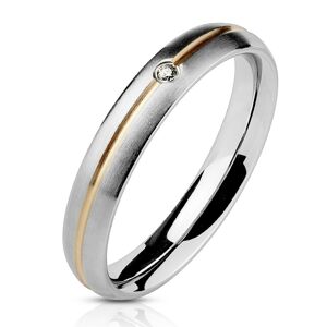 Oceľový prsteň - strieborná farba, stredová ryha zlatej farby a zirkón - Veľkosť: 52 mm