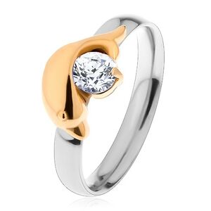 Oceľový prsteň striebornej a zlatej farby, delfín a trblietavý číry zirkón - Veľkosť: 52 mm