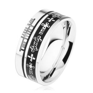 Oceľový prsteň striebornej farby, čierne prúžky, keltské symboly - Veľkosť: 57 mm