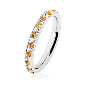 Oceľový prsteň striebornej farby, číre a oranžové zirkóniky, biela glazúra - Veľkosť: 60 mm