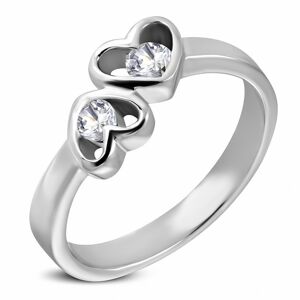 Oceľový prsteň striebornej farby, dve srdcia s čírymi zirkónmi - Veľkosť: 60 mm