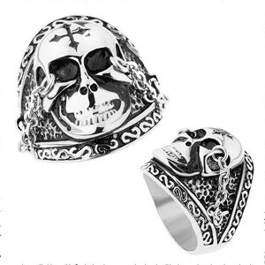 Oceľový prsteň striebornej farby, lesklá lebka s krížom, retiazky, patina - Veľkosť: 60 mm