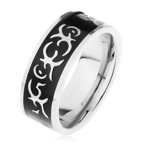Oceľový prsteň striebornej farby, lesklý čierny pás zdobený motívom tribal - Veľkosť: 67 mm