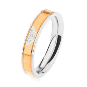 Oceľový prsteň striebornej farby, lesklý pás v zlatom odtieni, keltský uzol - Veľkosť: 53 mm