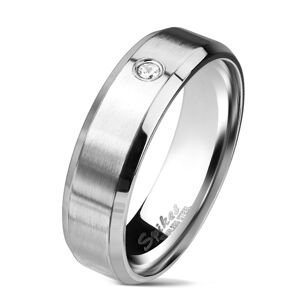 Oceľový prsteň striebornej farby, matný pás s čírym zirkónom, 6 mm - Veľkosť: 57 mm