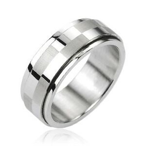 Oceľový prsteň striebornej farby, otáčací stredový pás s motívom šachovnice - Veľkosť: 61 mm