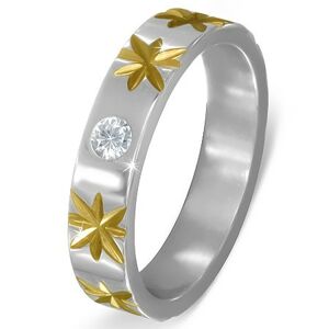 Oceľový prsteň striebornej farby s hviezdami zlatej farby a čírym zirkónom - Veľkosť: 64 mm