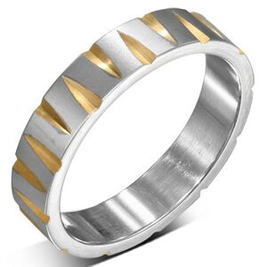 Oceľový prsteň striebornej farby so zárezmi v zlatej farbe - Veľkosť: 65 mm