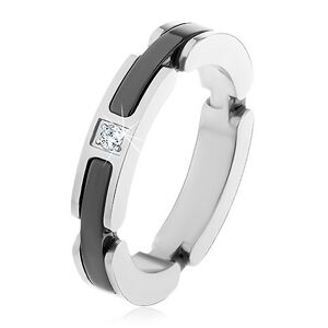 Oceľový prsteň striebornej farby, výrezy s keramickými pásmi, číry zirkón - Veľkosť: 52 mm