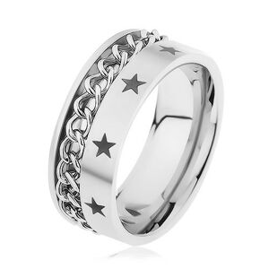 Oceľový prsteň striebornej farby zdobený retiazkou a hviezdičkami - Veľkosť: 62 mm