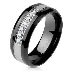 Oceľový prsteň v čierno-striebornom odtieni - pás z čírych zirkónov, 8 mm - Veľkosť: 62 mm