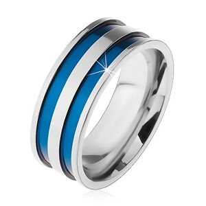 Oceľový prsteň v striebornom odtieni, tenké vyhĺbené pásy modrej farby, 8 mm - Veľkosť: 60 mm