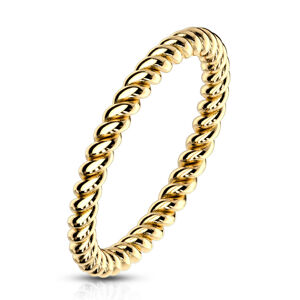 Oceľový prsteň v zlatej farbe - zatočená kontúra v tvare lana, 2 mm - Veľkosť: 48 mm