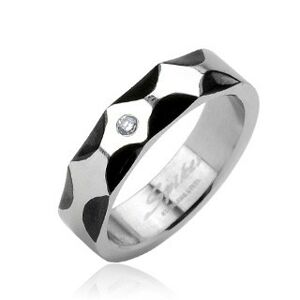 Oceľový prsteň - vzor vĺn, zirkón v strede - Veľkosť: 67 mm