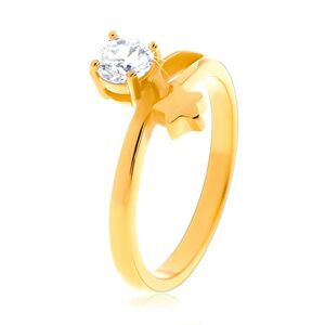 Oceľový prsteň zlatej farby, hviezda a okrúhly číry zirkón - Veľkosť: 54 mm