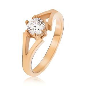 Oceľový prsteň zlatej farby, rozvetvujúce sa ramená, číry kamienok - Veľkosť: 60 mm