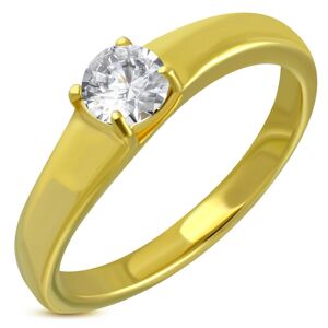 Oceľový prsteň zlatej farby, vystúpený okrúhly číry zirkón - Veľkosť: 56 mm