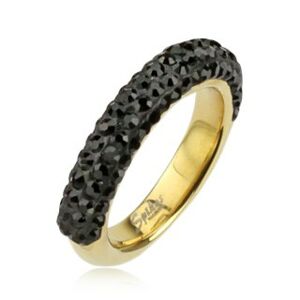 Oceľový prsteň zlatej farby zdobený čiernymi zirkónmi - Veľkosť: 60 mm