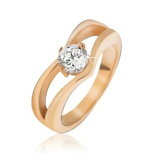 Oceľový prsteň zlatej farby, zdvojený špic, okrúhly číry kamienok - Veľkosť: 52 mm