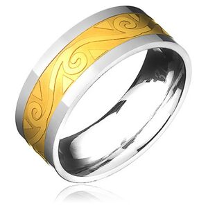 Oceľový prsteň - zlato-striebornej farby s motívom špirál vo vlnke - Veľkosť: 67 mm