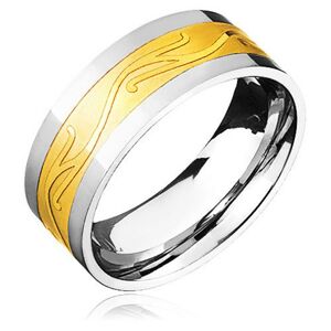 Oceľový prsteň - zlato-striebornej farby so zvlneným ornamentom - Veľkosť: 67 mm