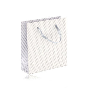 Papierová darčeková taštička - biela farba, strieborné bodky, hladký povrch