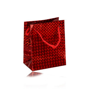 Papierová darčeková taštička holografická - červená farba, hladký lesklý povrch
