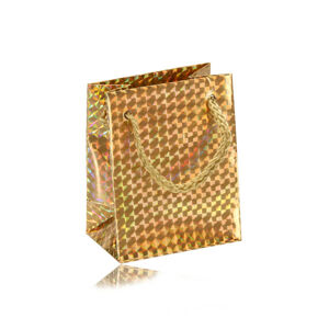 Papierová darčeková taštička holografická - zlatá farba, hladký lesklý povrch