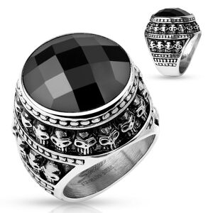 Patinovaný oceľový prsteň, čierny brúsený kameň, obrys z malých lebiek - Veľkosť: 65 mm
