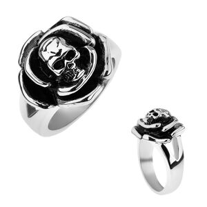 Patinovaný oceľový prsteň, ruža s lebkou v strede, rozdvojené ramená - Veľkosť: 67 mm