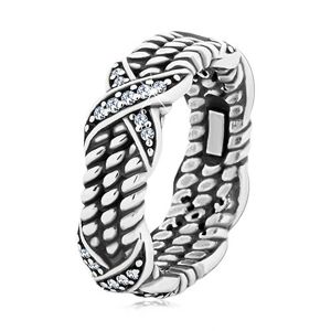 Patinovaný strieborný prsteň 925, motív točeného lana, krížiky so zirkónmi - Veľkosť: 62 mm