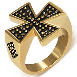 Pečatný prsteň z ocele zlatej farby - Maltézsky kríž - Veľkosť: 51 mm