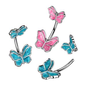 Piercing do brucha z ocele - motýľ v ružovej alebo modrej farbe, ródiovaný - Farba: Modrá