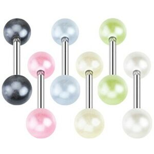 Piercing do jazyka z ocele - farebné perleťové guľôčky - Farba piercing: Svetlo Modrá