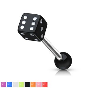 Piercing do jazyka z ocele - hracia kocka s bodkami bielej farby - Farba zirkónu: Čierna - K