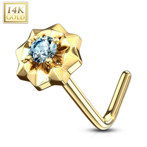 Piercing do nosa z 585 zlata - zahnutý, drobný svetlomodrý zirkón, hviezdička, 0,8 mm