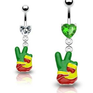 Piercing do pupka - rasta ruka, symbol "PEACE", srdcové zirkóny - Farba zirkónu: Zelená - G