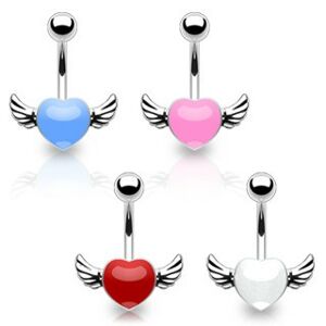 Piercing do pupka z chirurgickej ocele - farebné srdce s krídlami - Farba piercing: Svetlo Modrá