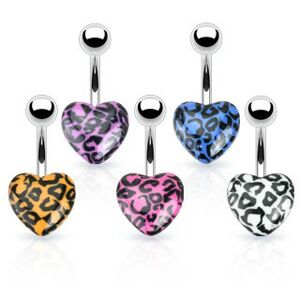 Piercing do pupka z ocele - farebné srdce s leopardím vzorom - Farba piercing: Ružová