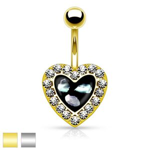 Piercing do pupku z ocele 316L, čierne srdiečko s kúskami perlete a čírymi zirkónikmi - Farba piercing: Zlatá