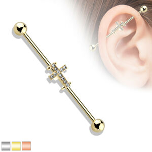 Piercing do ucha z chirurgickej ocele - činka ukončená guličkami, ozdobená krížikom s kryštálikmi - Farba: Medená