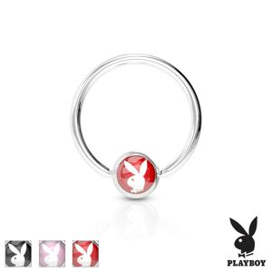 Piercing krúžok z chirurgickej ocele striebornej farby, gulička s Playboy zajačikom - Hrúbka x priemer: 1,6 mm x 12 mm, Farba piercing: Červená